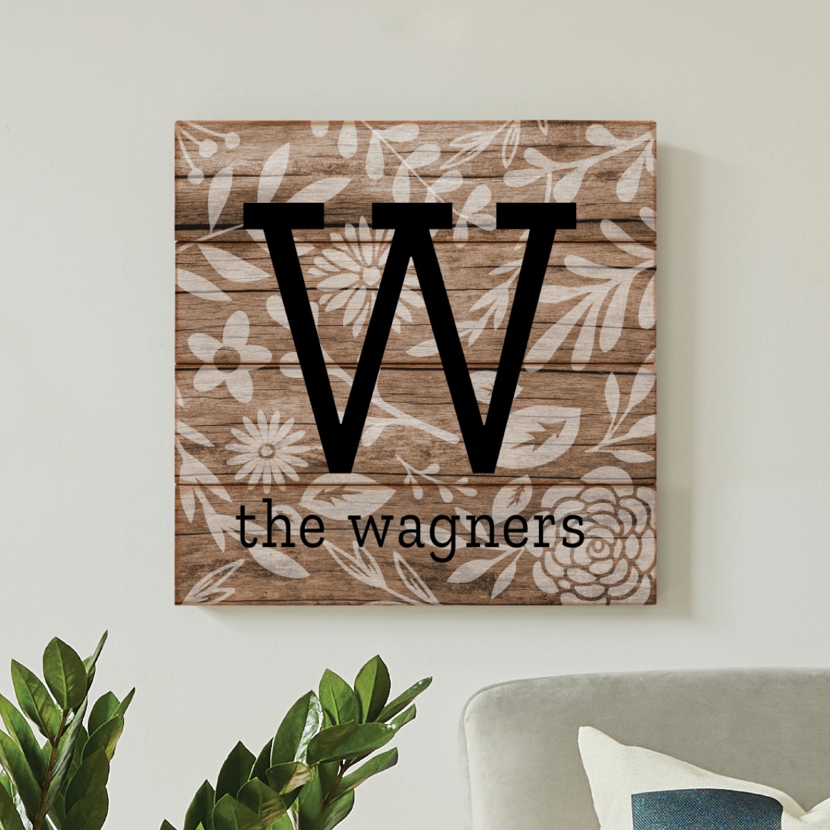 Botanical Pattern with Initial Personalized Wood Shiplap Art