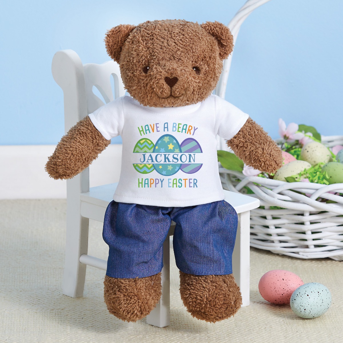 Happy easter egg with name teddy bear