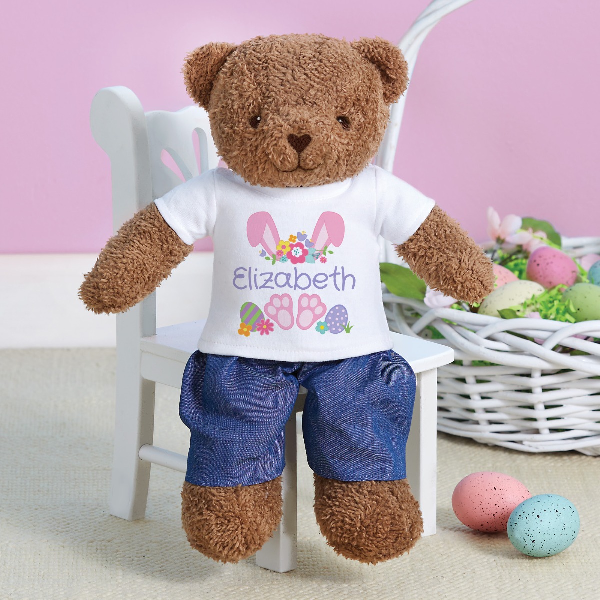 Pink easter bunny ears with name teddy bear