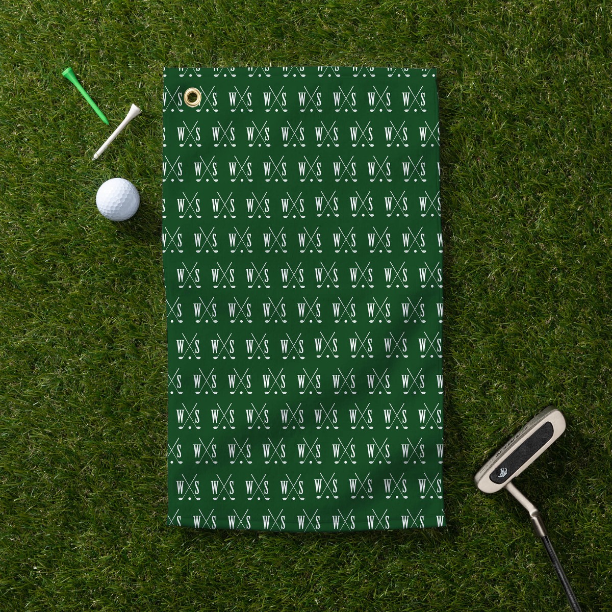 Initial Golf Clubs Green Pattern Personalized Golf Towel 