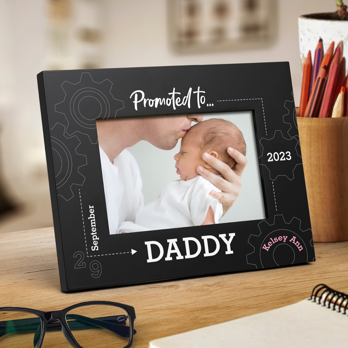 Promoted to Daddy Black Wood Frame with Pink Name