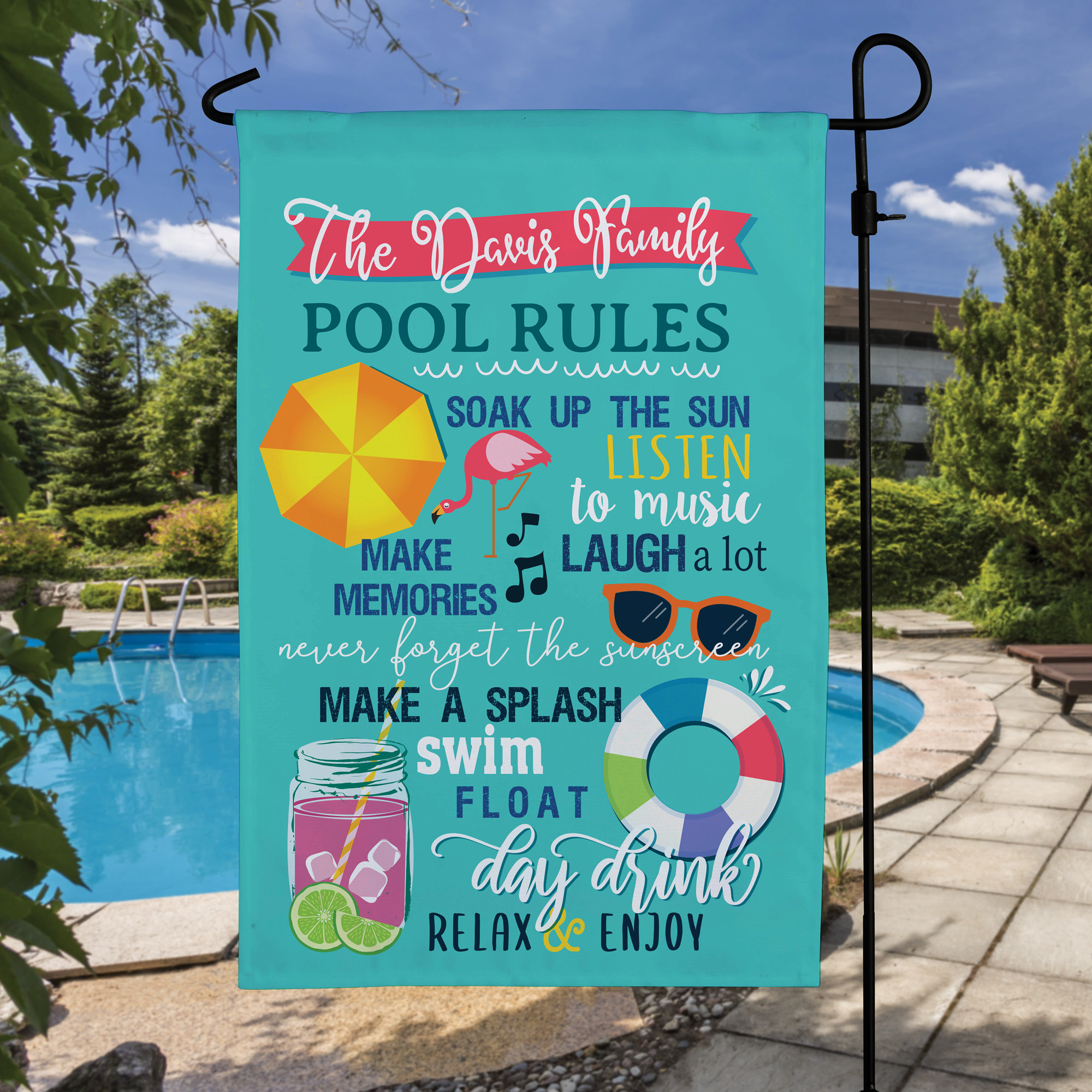 Family Pool Rules Teal Garden flag