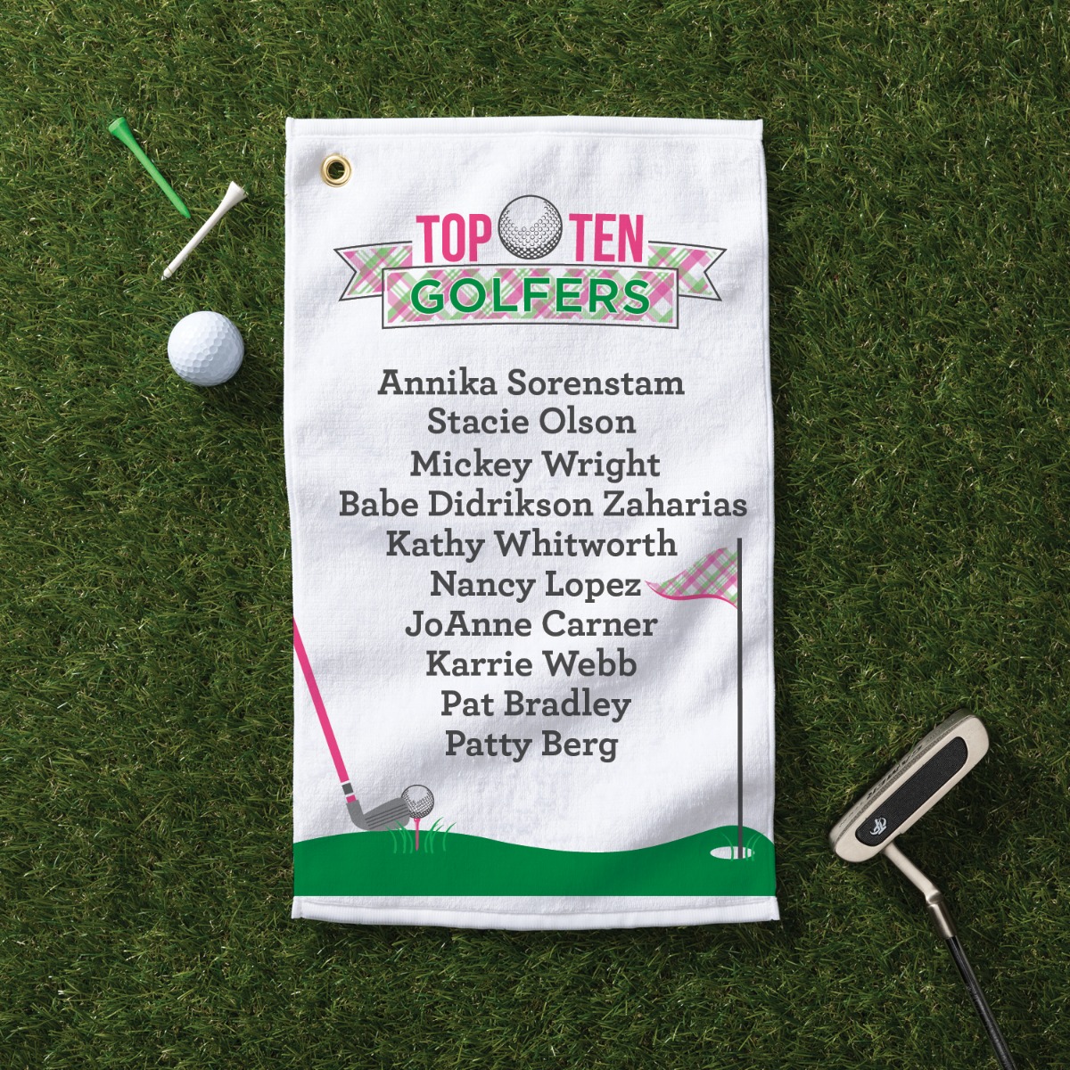 Top Ten Golfers Pink Plaid Ladies Golf Towel