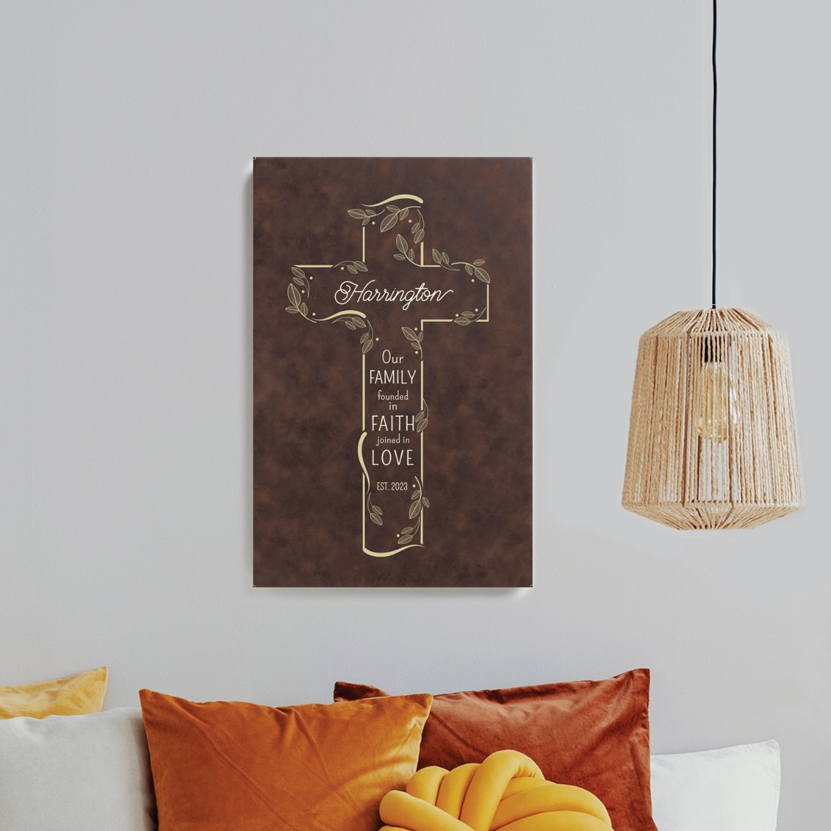 Family Cross Personalized Brown Leatherette Canvas 12x18