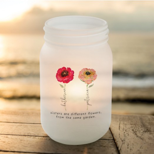 Sisters Floral Frosted Mason Jar Personalized Votive Holder