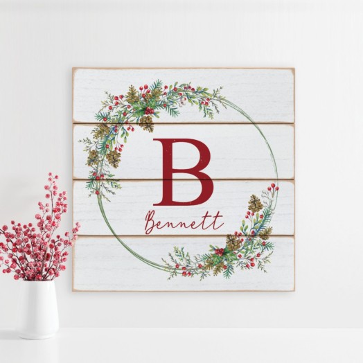 Name & Initial Holiday Berries Wreath Wood Shiplap Art