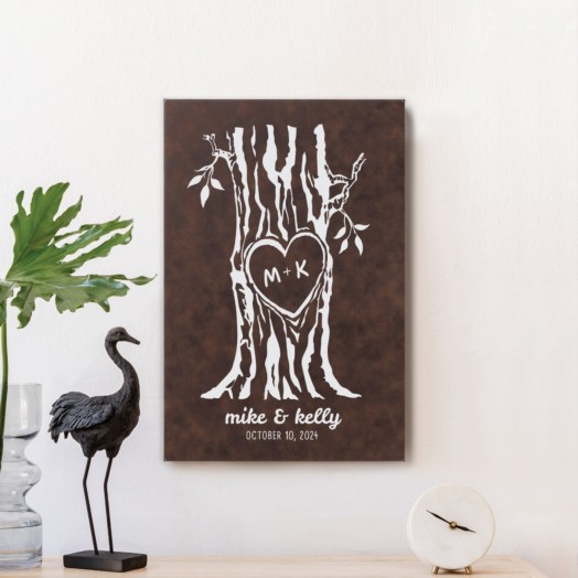 Our Initials Carved In Tree Heart Brown Leather 12x18 Canvas