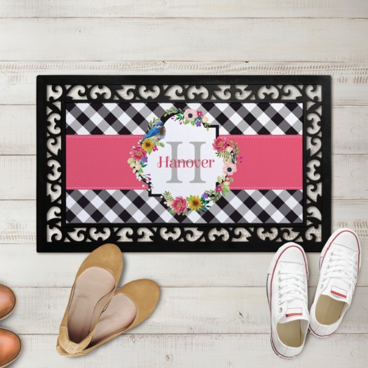 Spring Flowers Gingham Name & Initial Narrow Doormat With Black Rubber Frame 