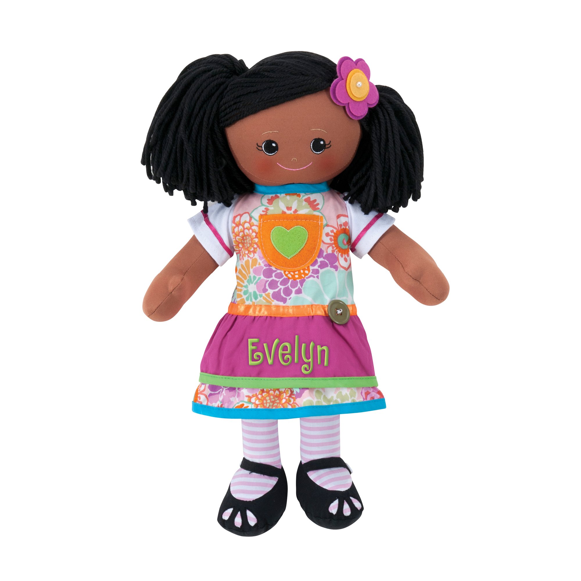 Personalized African American Doll with Pink Dress and Hair Clip