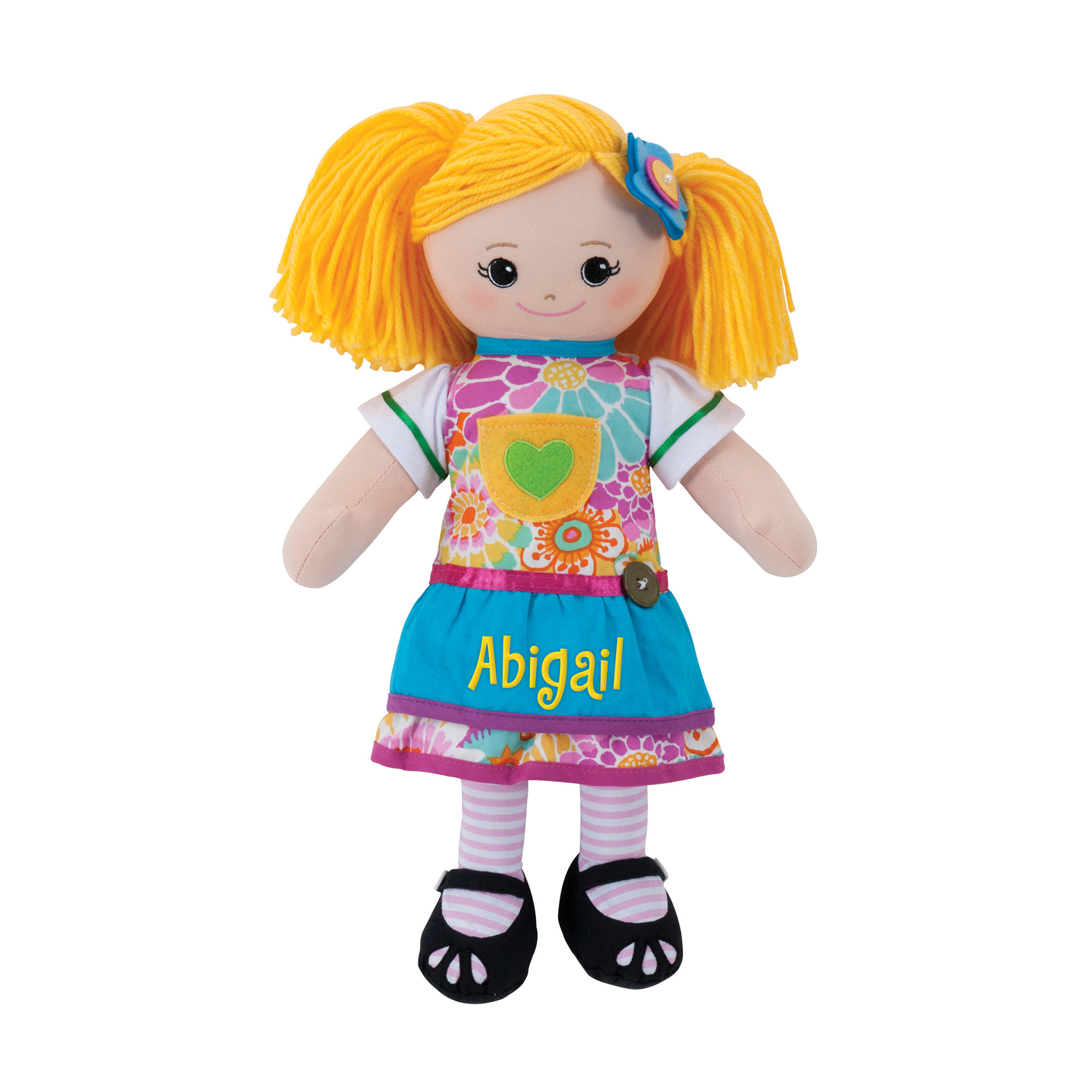 Personalized Blonde Doll with Blue Apron Dress and Hair Clip