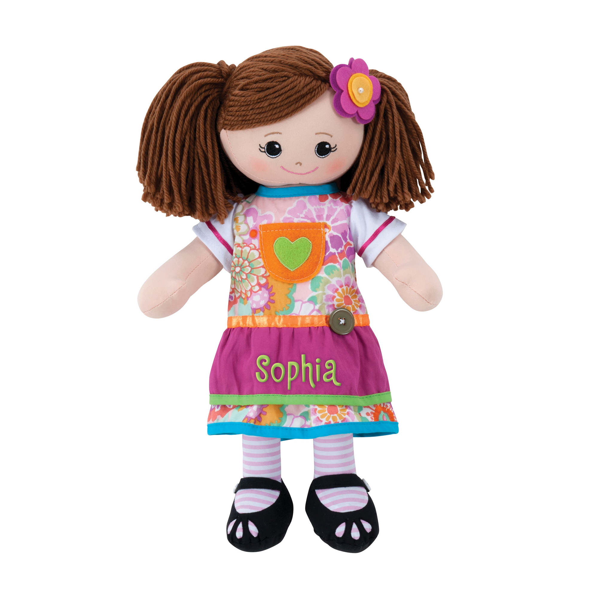 Personalized Brunette Doll with Pink Apron Dress and Hair Clip